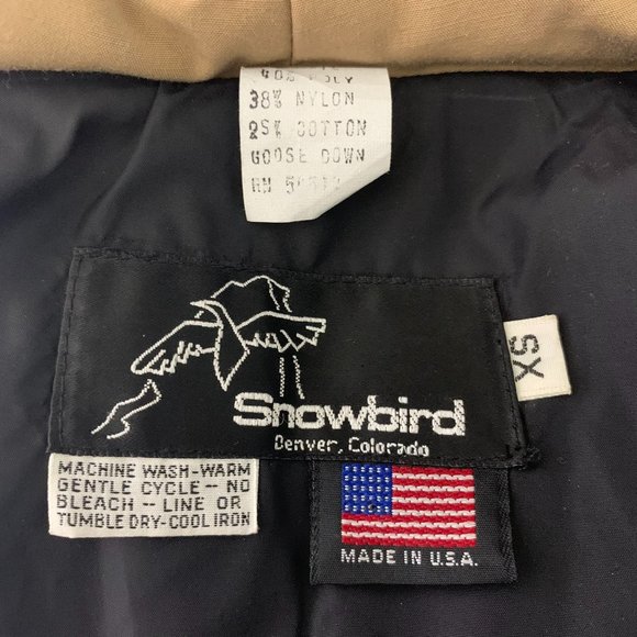 Vintage 80s Snowbird Goose Down Coat XS Tan Quilted Puffer High Collar Button Zi - Picture 10 of 10